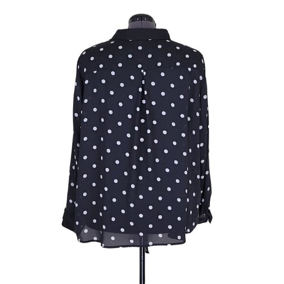 Peter Nygard Blouse Sz 3X Polka Dot Button Front Tie Bottom Roll Tab Black White - Picture 3 of 8